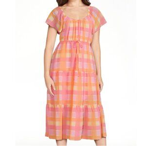 Time and Tru Women's Flutter Sleeve Tiered Dress Madras Coral Rose, size S